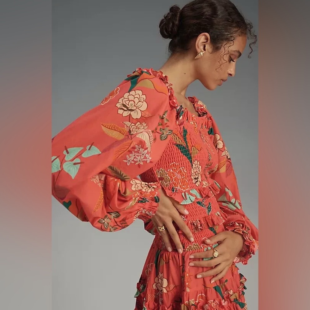 Farm Rio x Anthropologie Smocked Ruffle Mini Dress floral Size - Picture 3 of 7